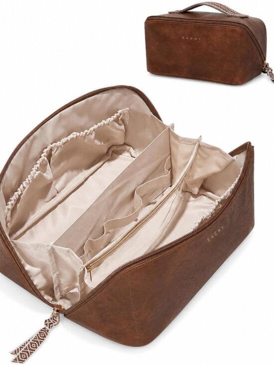 Handbags - Travel Makeup Bag for Women, PU Leather Cosmetic Bag, Brown, Large